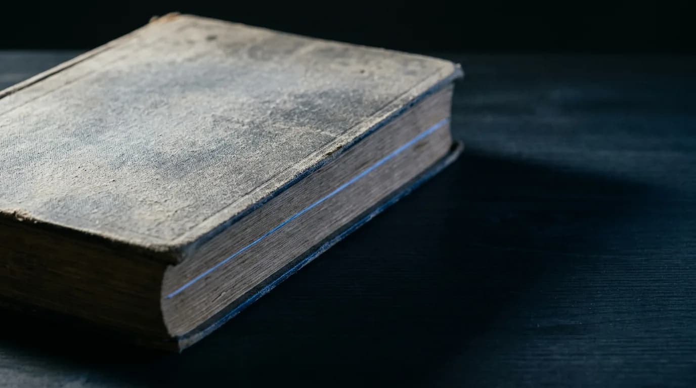 Caderno de registos da propriedade fechado sobre uma mesa escura, com poeira na capa e uma fina linha de luz no corte das páginas.