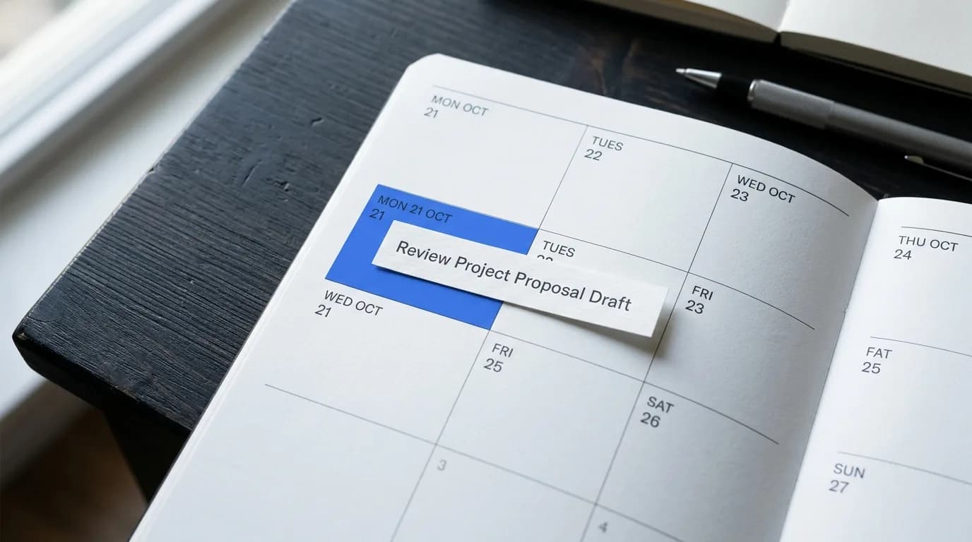 Tira de papel destacada de uma página de plano, pousada sobre a grade de um calendário semanal, marcando um dia específico da semana.