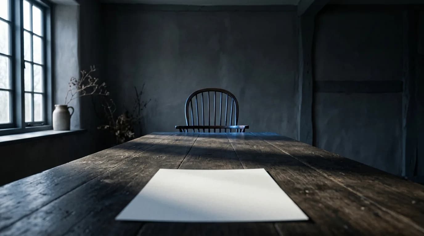 Cadeira vazia à cabeceira de uma mesa longa de cozinha de fazenda, com uma folha em branco pousada na mesa em frente a ela.