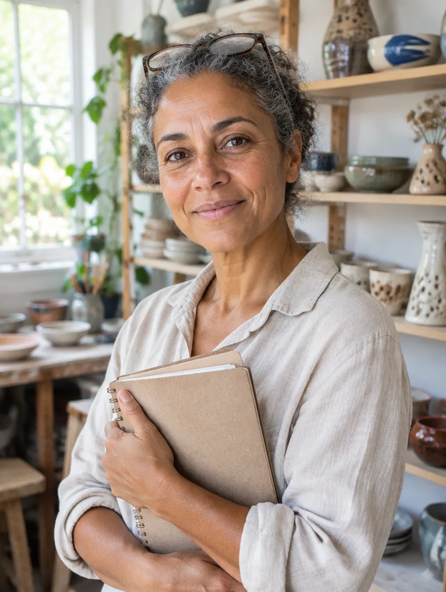 Mulher de cerca de 50 anos com um caderno no seu ateliê de cerâmica