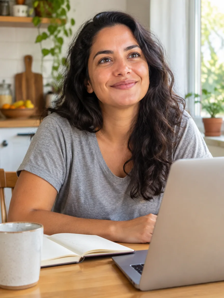 Empreendedora sorrindo ao ler o plano de negócio na mesa da cozinha, de manhã