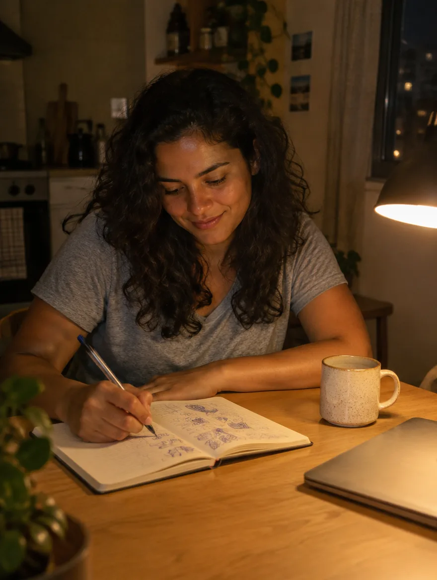 Mulher desenhando a ideia do seu negócio num caderno, à noite, na mesa da cozinha