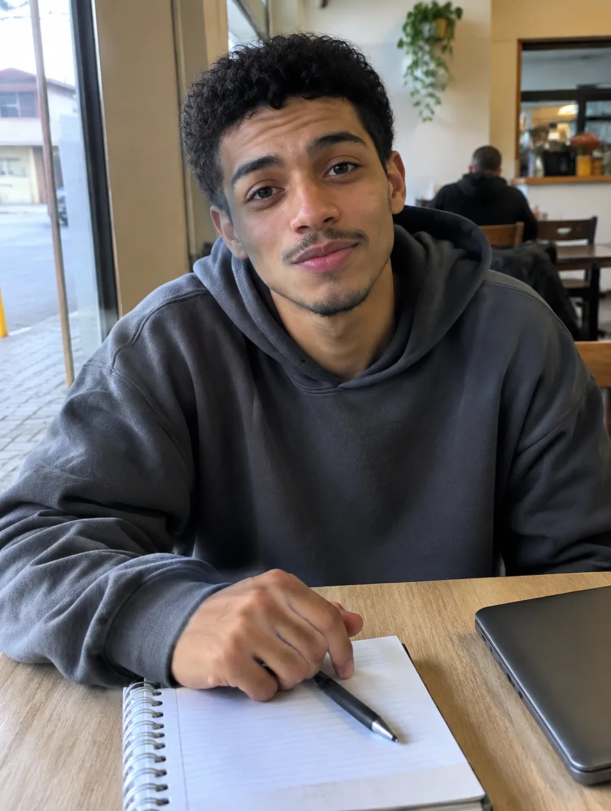 Jovem de moletom numa cafeteria, com caderno e caneta, olhando para a câmera